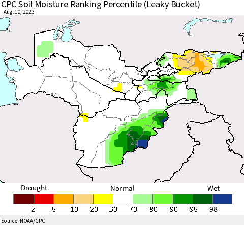 Central Asia CPC Soil Moisture Ranking Percentile (Leaky Bucket) Thematic Map For 8/6/2023 - 8/10/2023