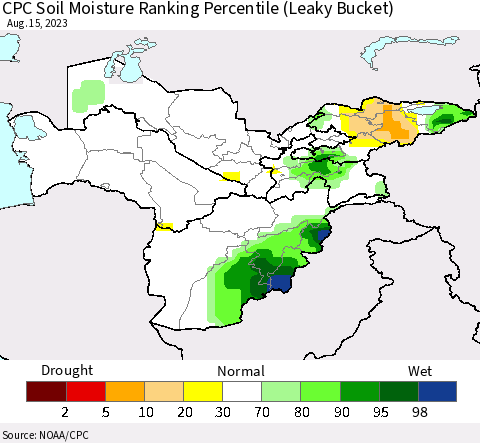 Central Asia CPC Soil Moisture Ranking Percentile (Leaky Bucket) Thematic Map For 8/11/2023 - 8/15/2023
