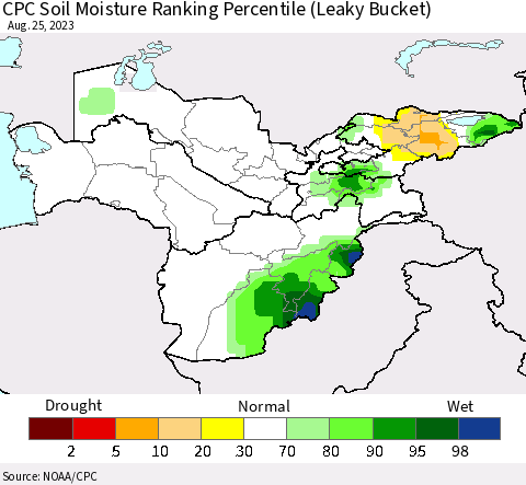 Central Asia CPC Soil Moisture Ranking Percentile (Leaky Bucket) Thematic Map For 8/21/2023 - 8/25/2023