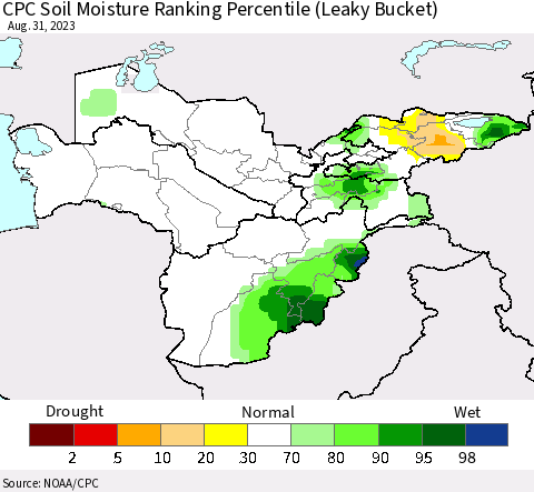 Central Asia CPC Soil Moisture Ranking Percentile (Leaky Bucket) Thematic Map For 8/26/2023 - 8/31/2023