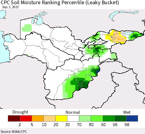 Central Asia CPC Soil Moisture Ranking Percentile (Leaky Bucket) Thematic Map For 9/1/2023 - 9/5/2023