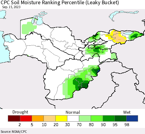 Central Asia CPC Soil Moisture Ranking Percentile (Leaky Bucket) Thematic Map For 9/11/2023 - 9/15/2023
