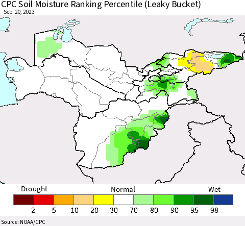 Central Asia CPC Soil Moisture Ranking Percentile (Leaky Bucket) Thematic Map For 9/16/2023 - 9/20/2023