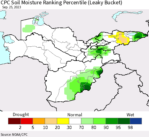 Central Asia CPC Soil Moisture Ranking Percentile (Leaky Bucket) Thematic Map For 9/21/2023 - 9/25/2023