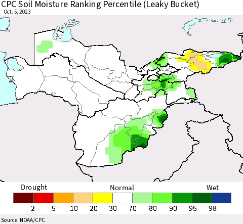 Central Asia CPC Soil Moisture Ranking Percentile (Leaky Bucket) Thematic Map For 10/1/2023 - 10/5/2023