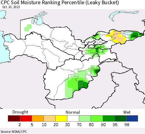 Central Asia CPC Soil Moisture Ranking Percentile (Leaky Bucket) Thematic Map For 10/6/2023 - 10/10/2023