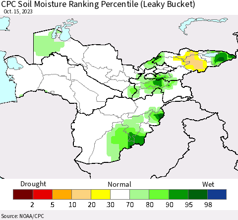 Central Asia CPC Soil Moisture Ranking Percentile (Leaky Bucket) Thematic Map For 10/11/2023 - 10/15/2023