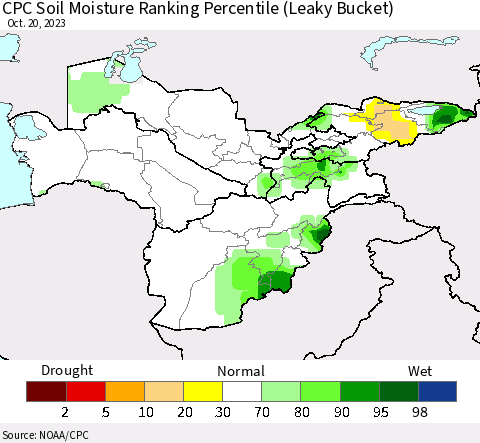 Central Asia CPC Soil Moisture Ranking Percentile (Leaky Bucket) Thematic Map For 10/16/2023 - 10/20/2023
