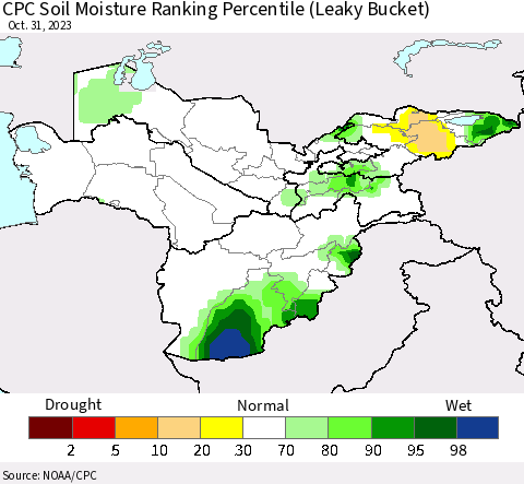 Central Asia CPC Soil Moisture Ranking Percentile (Leaky Bucket) Thematic Map For 10/26/2023 - 10/31/2023