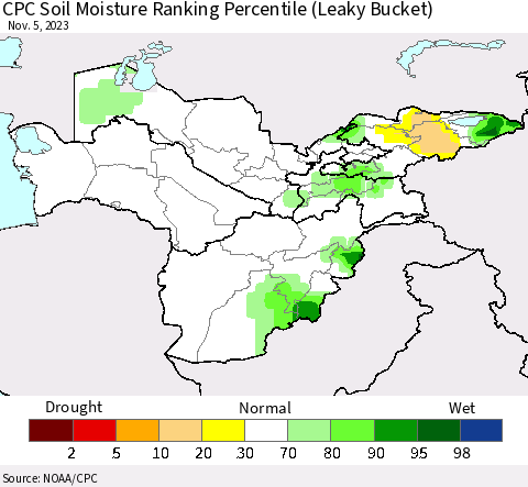 Central Asia CPC Soil Moisture Ranking Percentile (Leaky Bucket) Thematic Map For 11/1/2023 - 11/5/2023