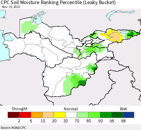 Central Asia CPC Soil Moisture Ranking Percentile (Leaky Bucket) Thematic Map For 11/6/2023 - 11/10/2023