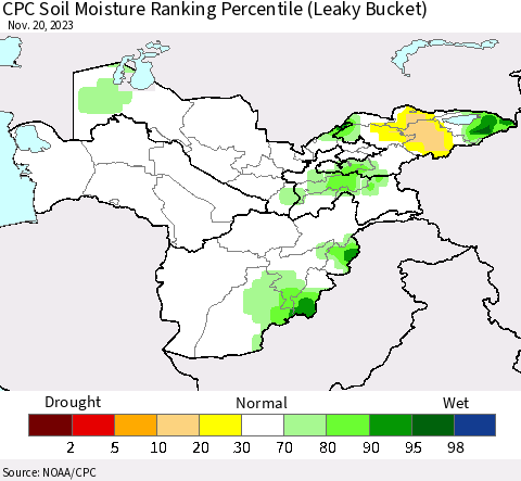 Central Asia CPC Soil Moisture Ranking Percentile (Leaky Bucket) Thematic Map For 11/16/2023 - 11/20/2023