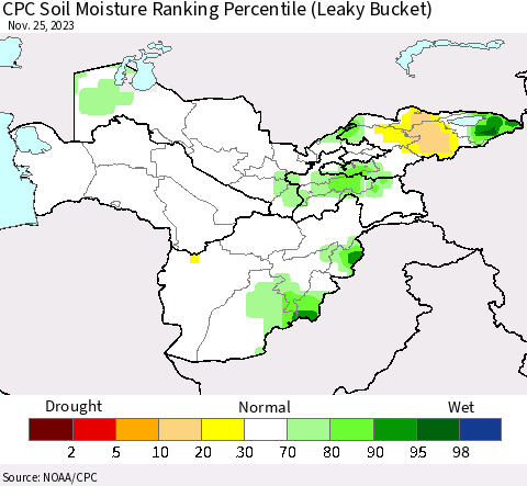 Central Asia CPC Soil Moisture Ranking Percentile (Leaky Bucket) Thematic Map For 11/21/2023 - 11/25/2023