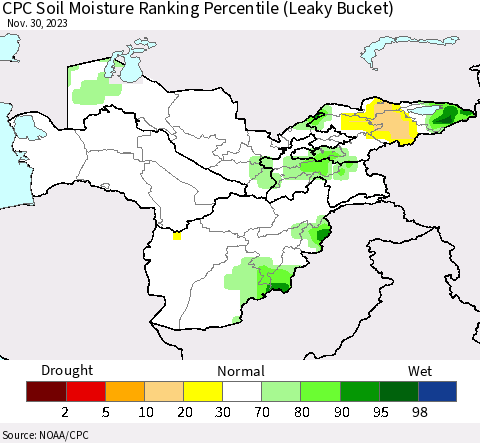 Central Asia CPC Soil Moisture Ranking Percentile (Leaky Bucket) Thematic Map For 11/26/2023 - 11/30/2023