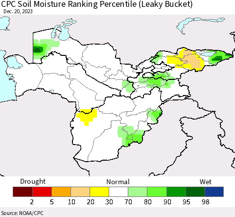 Central Asia CPC Soil Moisture Ranking Percentile (Leaky Bucket) Thematic Map For 12/16/2023 - 12/20/2023