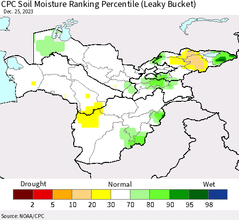 Central Asia CPC Soil Moisture Ranking Percentile (Leaky Bucket) Thematic Map For 12/21/2023 - 12/25/2023