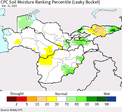 Central Asia CPC Soil Moisture Ranking Percentile (Leaky Bucket) Thematic Map For 12/26/2023 - 12/31/2023