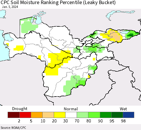 Central Asia CPC Soil Moisture Ranking Percentile (Leaky Bucket) Thematic Map For 1/1/2024 - 1/5/2024