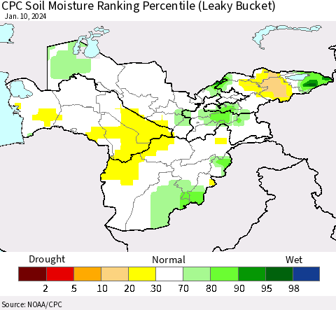 Central Asia CPC Soil Moisture Ranking Percentile (Leaky Bucket) Thematic Map For 1/6/2024 - 1/10/2024