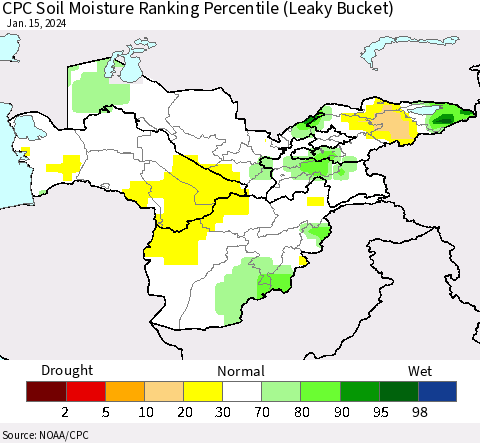 Central Asia CPC Soil Moisture Ranking Percentile (Leaky Bucket) Thematic Map For 1/11/2024 - 1/15/2024