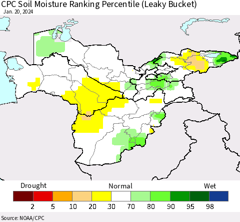 Central Asia CPC Soil Moisture Ranking Percentile (Leaky Bucket) Thematic Map For 1/16/2024 - 1/20/2024
