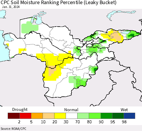 Central Asia CPC Soil Moisture Ranking Percentile (Leaky Bucket) Thematic Map For 1/26/2024 - 1/31/2024