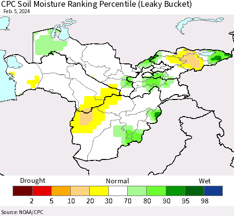 Central Asia CPC Soil Moisture Ranking Percentile (Leaky Bucket) Thematic Map For 2/1/2024 - 2/5/2024