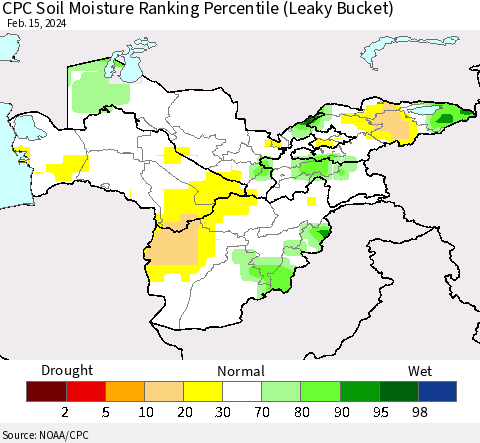 Central Asia CPC Soil Moisture Ranking Percentile (Leaky Bucket) Thematic Map For 2/11/2024 - 2/15/2024