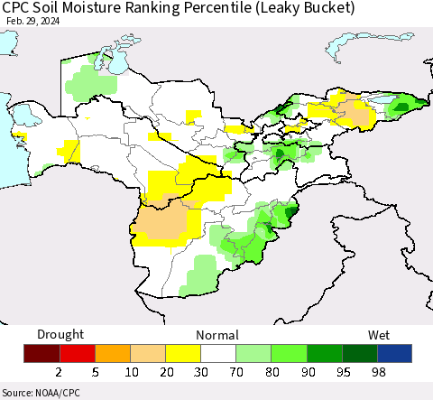 Central Asia CPC Soil Moisture Ranking Percentile (Leaky Bucket) Thematic Map For 2/26/2024 - 2/29/2024