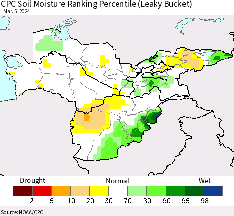 Central Asia CPC Soil Moisture Ranking Percentile (Leaky Bucket) Thematic Map For 3/1/2024 - 3/5/2024