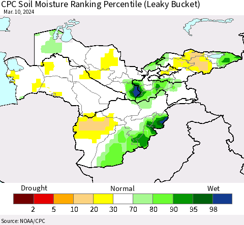 Central Asia CPC Soil Moisture Ranking Percentile (Leaky Bucket) Thematic Map For 3/6/2024 - 3/10/2024