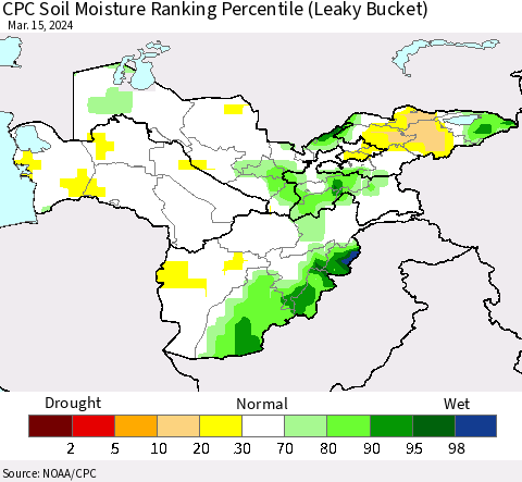 Central Asia CPC Soil Moisture Ranking Percentile (Leaky Bucket) Thematic Map For 3/11/2024 - 3/15/2024