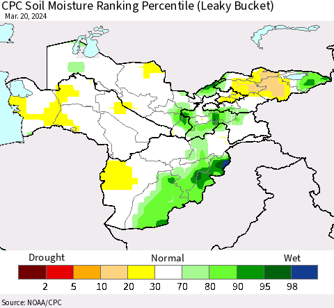 Central Asia CPC Soil Moisture Ranking Percentile (Leaky Bucket) Thematic Map For 3/16/2024 - 3/20/2024