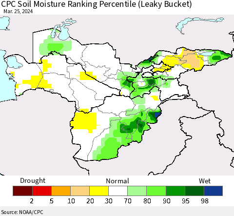 Central Asia CPC Soil Moisture Ranking Percentile (Leaky Bucket) Thematic Map For 3/21/2024 - 3/25/2024