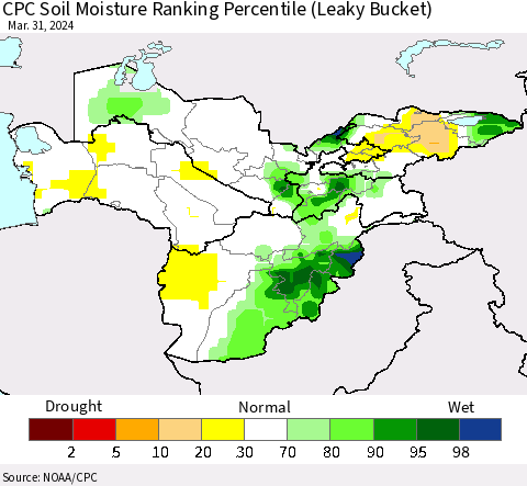 Central Asia CPC Soil Moisture Ranking Percentile (Leaky Bucket) Thematic Map For 3/26/2024 - 3/31/2024