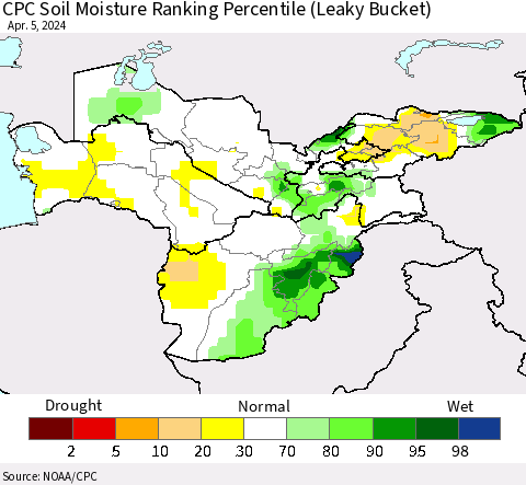 Central Asia CPC Soil Moisture Ranking Percentile (Leaky Bucket) Thematic Map For 4/1/2024 - 4/5/2024