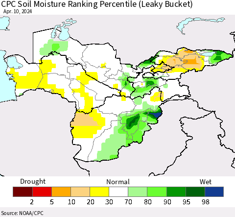Central Asia CPC Soil Moisture Ranking Percentile (Leaky Bucket) Thematic Map For 4/6/2024 - 4/10/2024