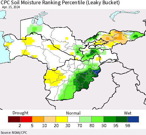 Central Asia CPC Soil Moisture Ranking Percentile (Leaky Bucket) Thematic Map For 4/11/2024 - 4/15/2024