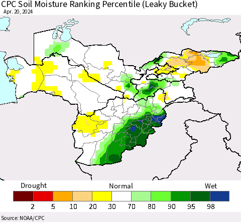Central Asia CPC Soil Moisture Ranking Percentile (Leaky Bucket) Thematic Map For 4/16/2024 - 4/20/2024