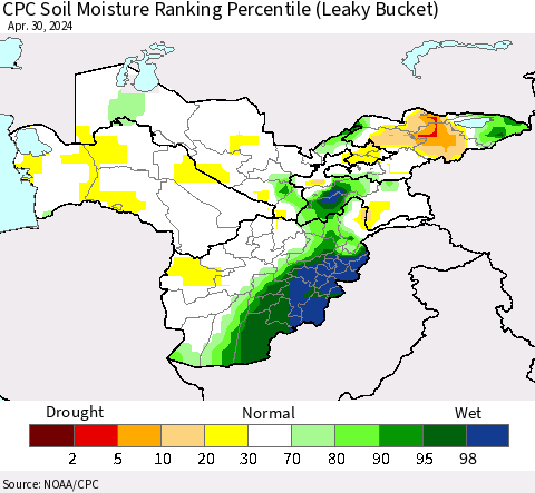 Central Asia CPC Soil Moisture Ranking Percentile (Leaky Bucket) Thematic Map For 4/26/2024 - 4/30/2024