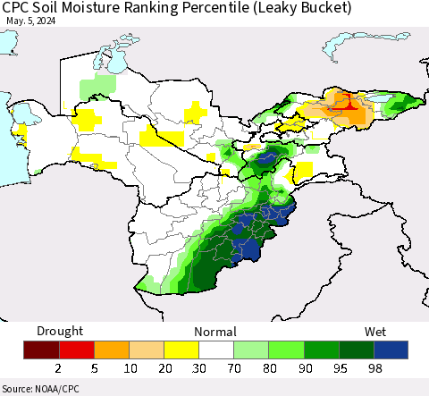Central Asia CPC Soil Moisture Ranking Percentile (Leaky Bucket) Thematic Map For 5/1/2024 - 5/5/2024