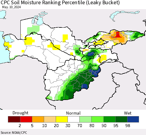 Central Asia CPC Soil Moisture Ranking Percentile (Leaky Bucket) Thematic Map For 5/6/2024 - 5/10/2024