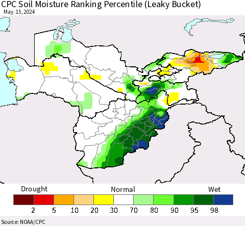 Central Asia CPC Soil Moisture Ranking Percentile (Leaky Bucket) Thematic Map For 5/11/2024 - 5/15/2024