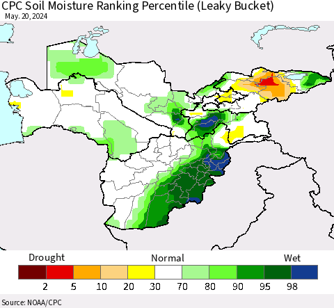 Central Asia CPC Soil Moisture Ranking Percentile (Leaky Bucket) Thematic Map For 5/16/2024 - 5/20/2024