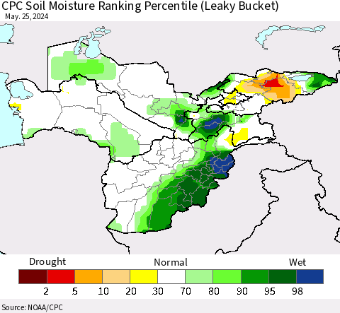 Central Asia CPC Soil Moisture Ranking Percentile (Leaky Bucket) Thematic Map For 5/21/2024 - 5/25/2024