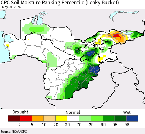 Central Asia CPC Soil Moisture Ranking Percentile (Leaky Bucket) Thematic Map For 5/26/2024 - 5/31/2024