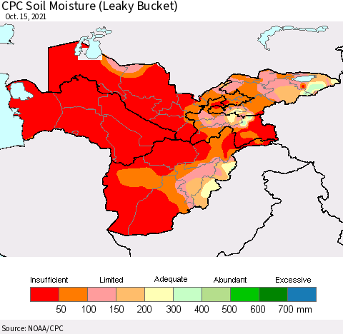 Central Asia CPC Soil Moisture (Leaky Bucket) Thematic Map For 10/11/2021 - 10/15/2021