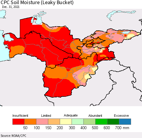 Central Asia CPC Soil Moisture (Leaky Bucket) Thematic Map For 12/26/2021 - 12/31/2021