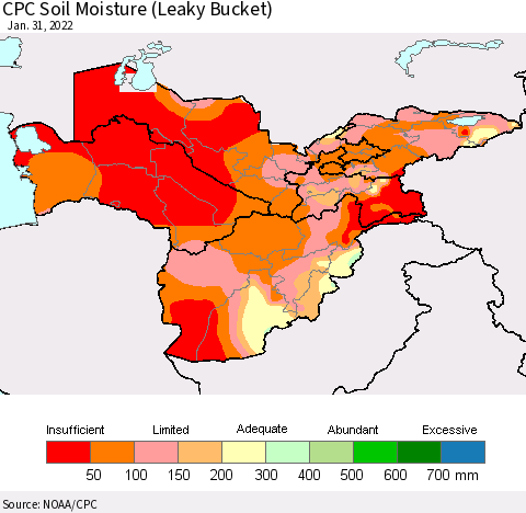 Central Asia CPC Soil Moisture (Leaky Bucket) Thematic Map For 1/26/2022 - 1/31/2022