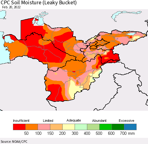 Central Asia CPC Soil Moisture (Leaky Bucket) Thematic Map For 2/16/2022 - 2/20/2022